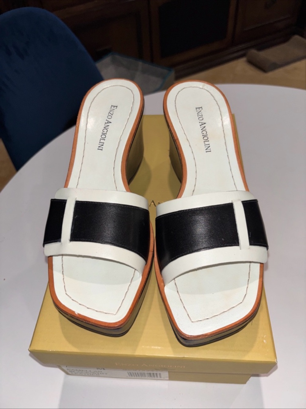 Vintage 90’s Enzo Angiolini Eamellan Black White Leather Slide Platforms 7M NIB